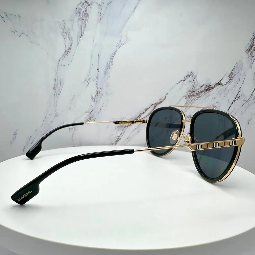 New Burberry Sunglasses Polarized Gold Black Check Arms Aviator Pilot Metal - Picture 15 of 16